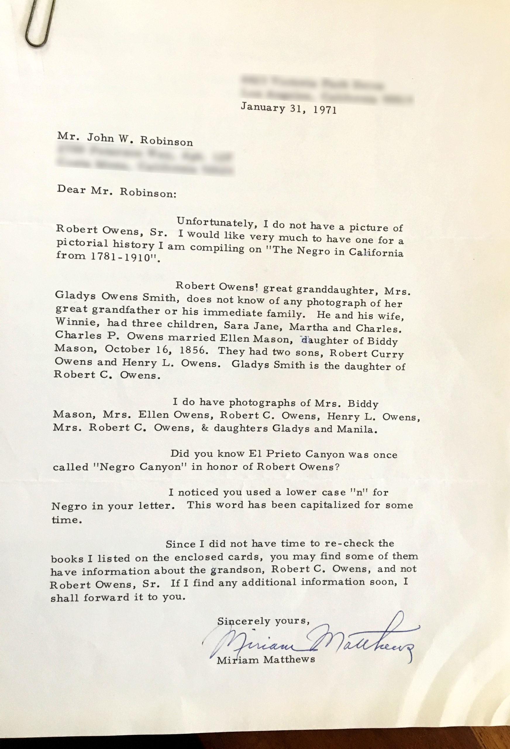 Mirriam's reply letter to John Robinson about photographs of the Robert Owens family