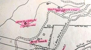 An unattributed hand drawn map showing the approximate location of Robert Owens cabin (#16) in El Prieto Canyon, courtesy of the Altadena Historical Society.